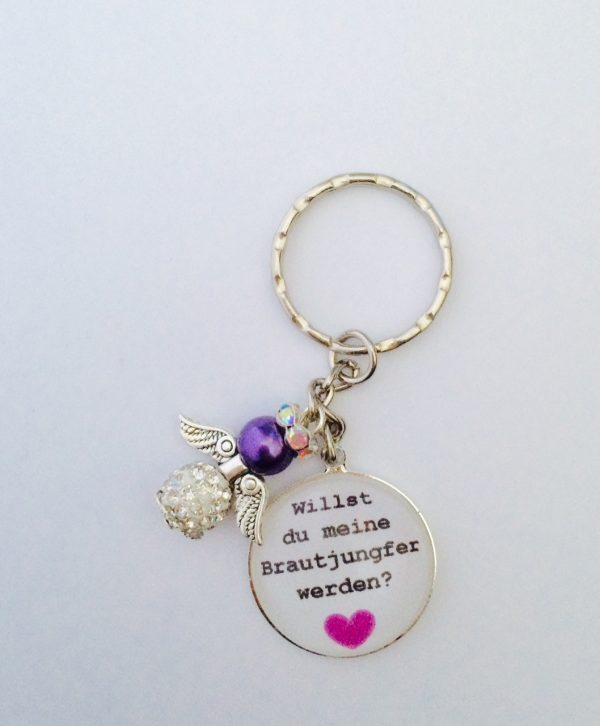 Cabochon Schlüsselanhänger "Willst du meine Brautjungfer werden" lila