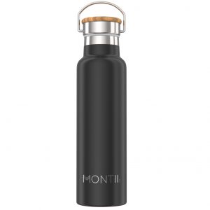 MontiiCo, 600 ml – Edelstahl Trinkflasche mit Bambusdeckel Black