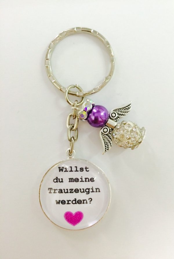 Cabochon Schlüsselanhänger "Willst du meine Trauzeugin werden" lila