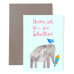 Frau Ottilie Grußkarte Hurra ich bin ein Schulkind Elefant